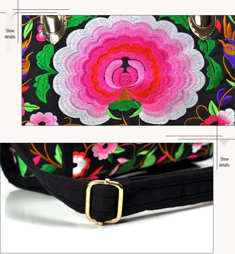 Ethnic Embroidered Drum-Shape Tote & Crossbody Canvas Bag