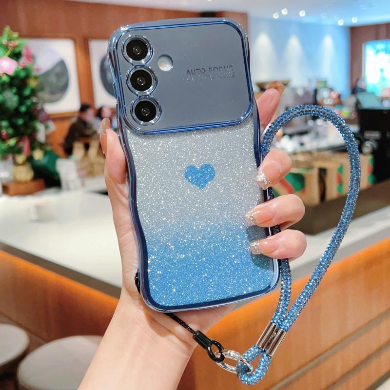 

Чехол для Samsung Galaxy S25 с ремешком, гальванизированный ТПУ чехол для телефона, градиент с блестками в виде сердца Blue