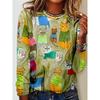 Round Neck 3D Printed Cute Cat Pattern Top Fashionable Casual Long Sleeved Women's T-shirts