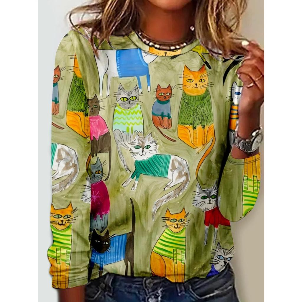 Round Neck 3D Printed Cute Cat Pattern Top Fashionable Casual Long Sleeved Women's T-shirts