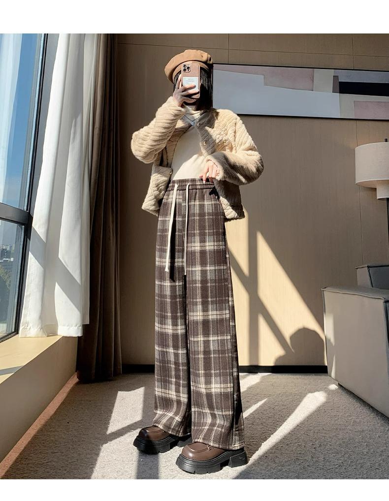 

Женские шерстяные клетчатые брюки Maillard - Осень/Зима 2024, Высокая талия, Плотный хлопок, Ретро стиль широкие штанины. 2XL (131-150 lbs)