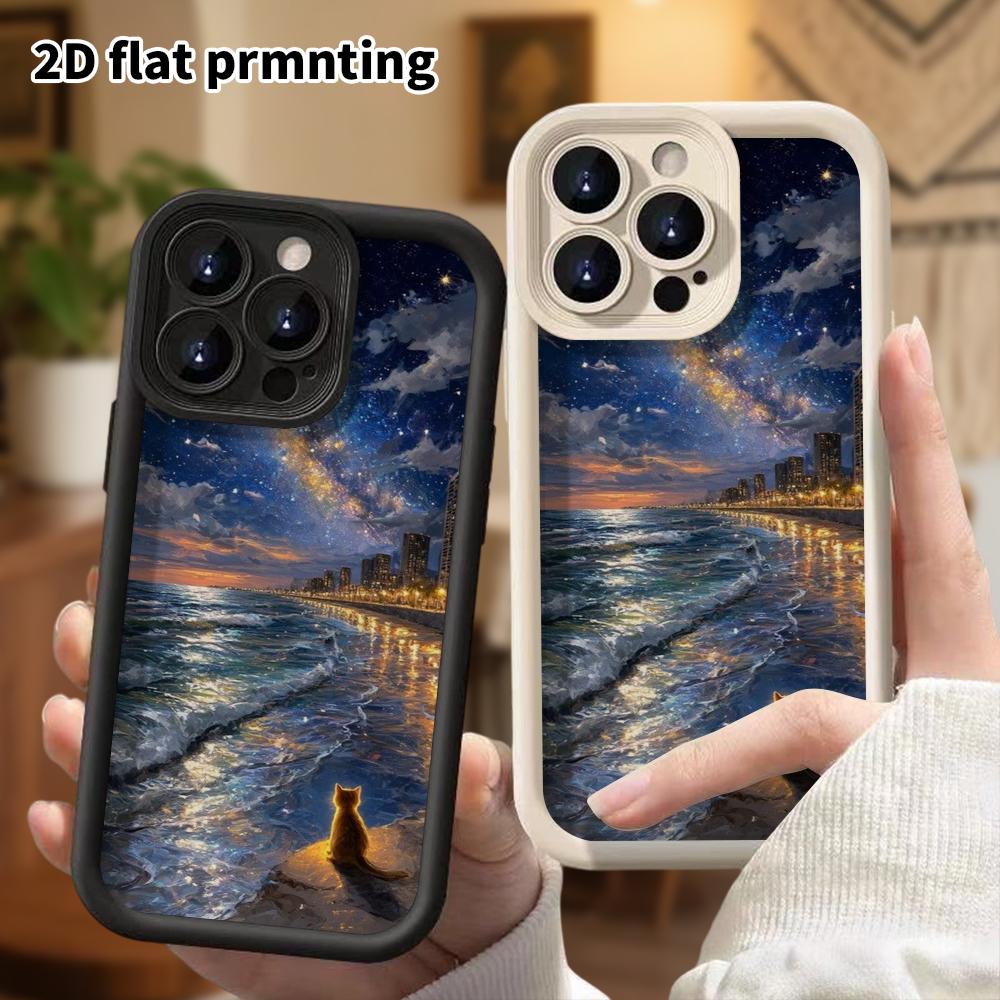 Phone Case: 2D Flat Design Suitable for iPhone 18 17 16 15 14 13 Pro Stepped Protective Case, Watching a Little Cat, Halloween Gift
