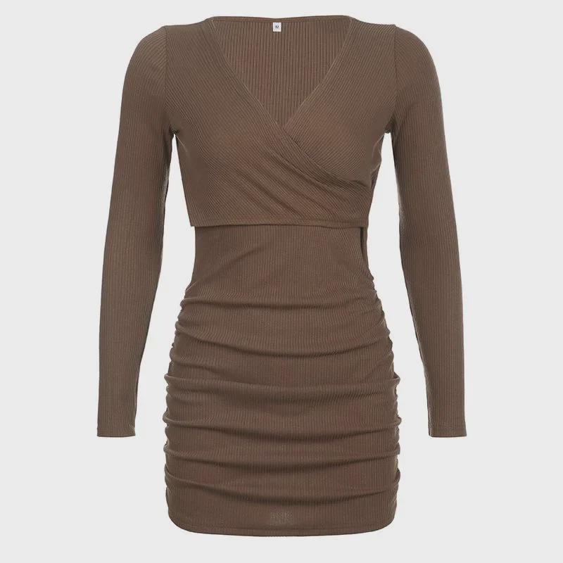 Sexy V-Neck Pleated Autumn/Winter European & American Style Slim Dress