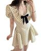 French daughter style bow short-sleeved polka dot dress women's summer new waist thin chic beautiful skirt