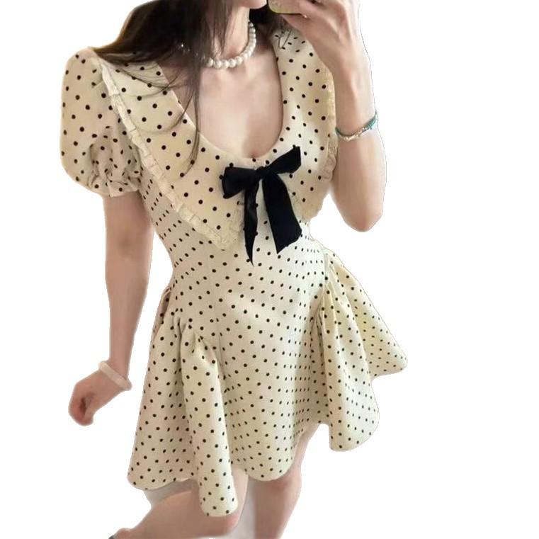 French daughter style bow short-sleeved polka dot dress women's summer new waist thin chic beautiful skirt