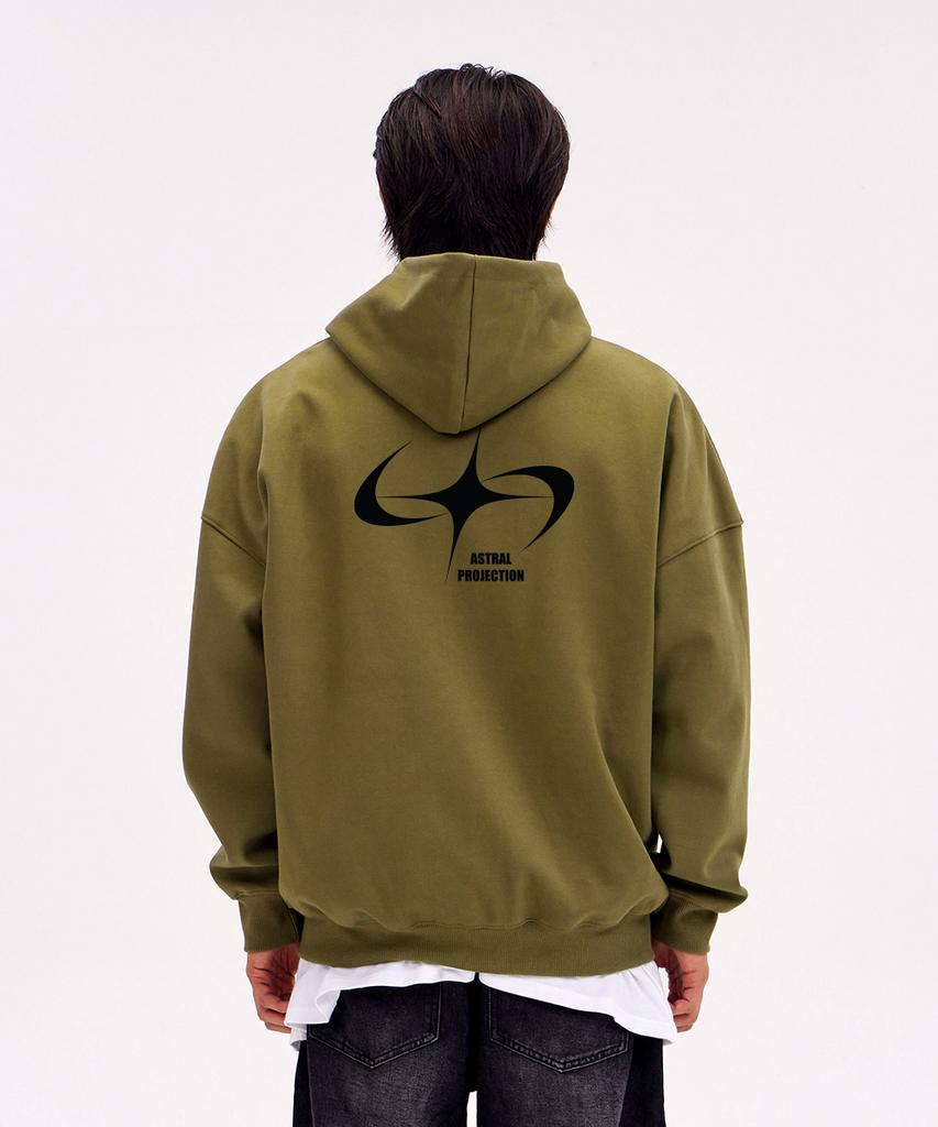 Astral Projection Star Swing Oversized Wide Shoulder Zip-Up Hoodie_Green Brown