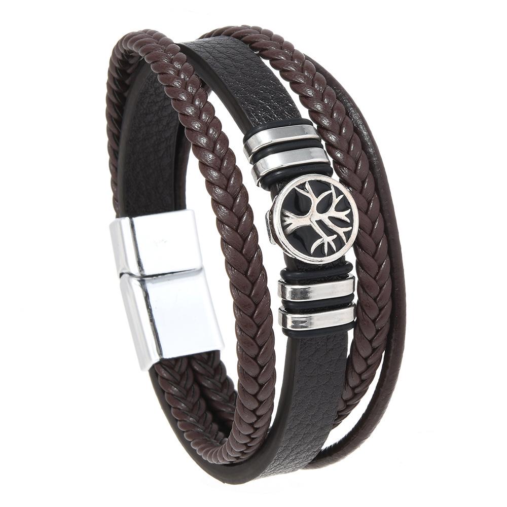 

Мужской браслет Древо Жизни: Европейский и американский ретро-стиль, универсальный, многослойный, ручной работы. кофейный