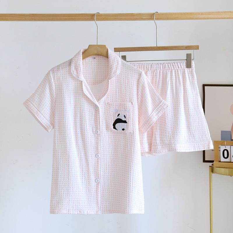 Jednoduché kostkované pyžamové sety pro páry Šortky Pánské Dámské Oblečení na spaní Krátký rukáv Dvojitá gáza Mačkaná bavlna Domácí oblečení