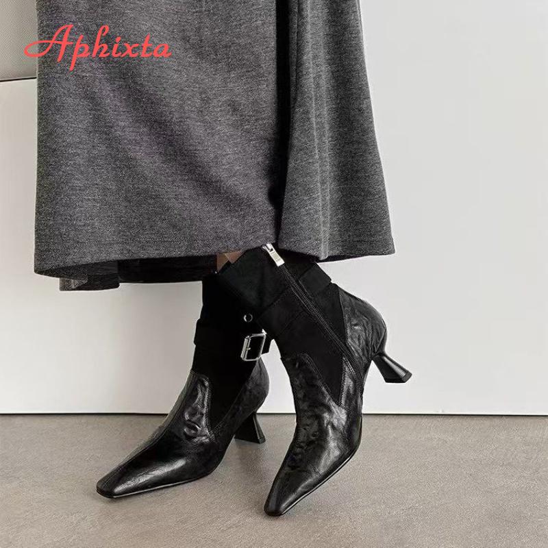 Fashion Aphixta High Heels Women Ankle Boots Elegant Metal Decoration Woman Modern Boot Side Zipper Sexy Soft Leather Women's High Boots