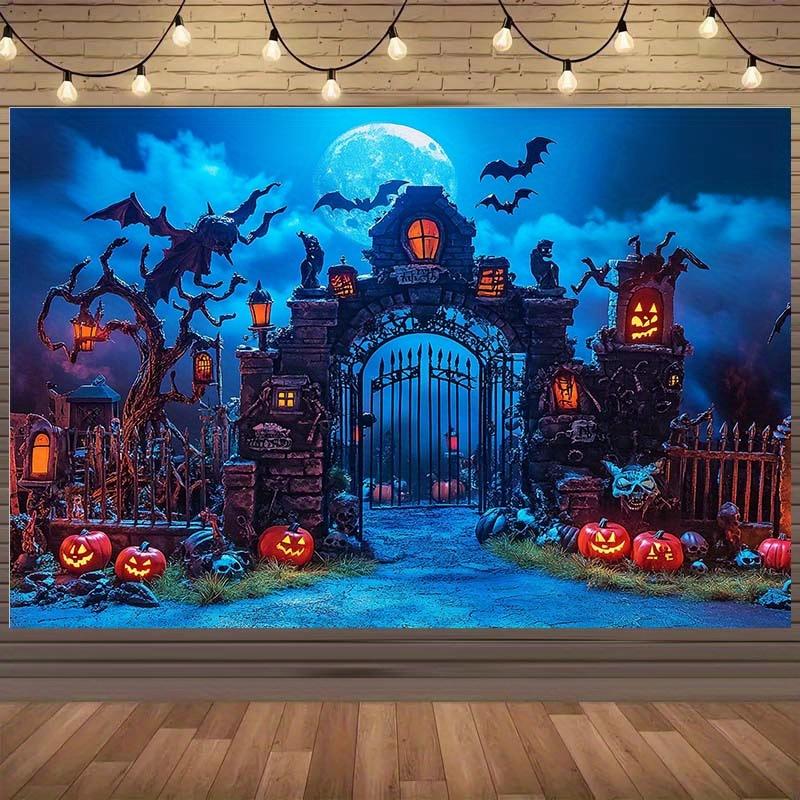 Halloween Blue Mist Cemetery Iron Gate Pumpkin Bat Tapestry Full Moon Ghostly Cemetery Day Wall Cloth Party Decoration