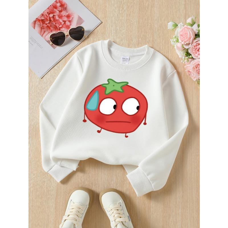 European Sizes Girls' Long-Sleeve Round Neck Sweatshirt "Cute Tomato" Print, Spring/Autumn, Casual, Daily & Sports.
