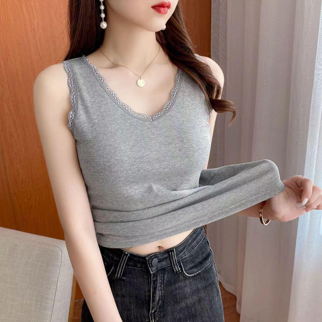 Modal Cotton V-Neck Lace Trim Ribbed Tank Top - Slim-Fit Versatile Camisole for Spring/Summer