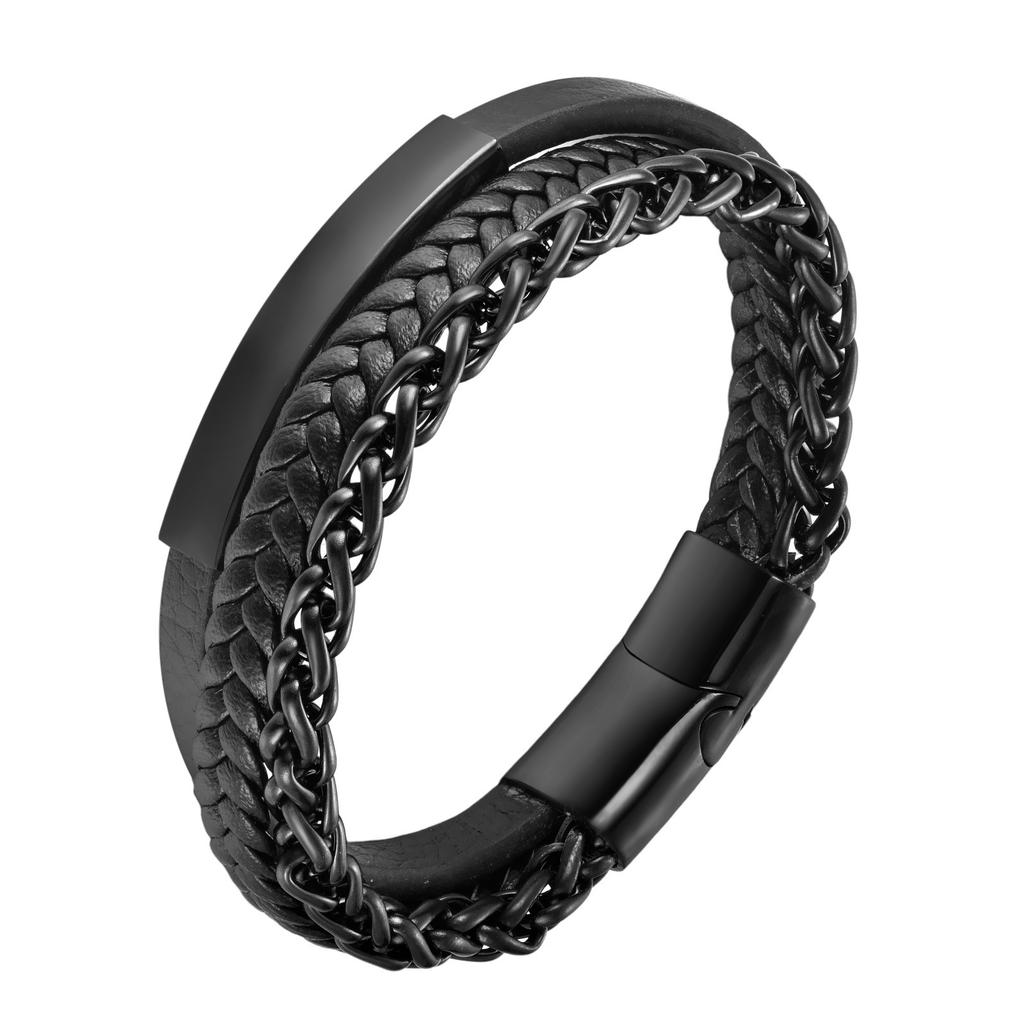 Men's Black Leather Bracelet Stainless Steel Double Layer Braided Wristband Fashion Handmade Cowhide Rope Jewelry Accessories
