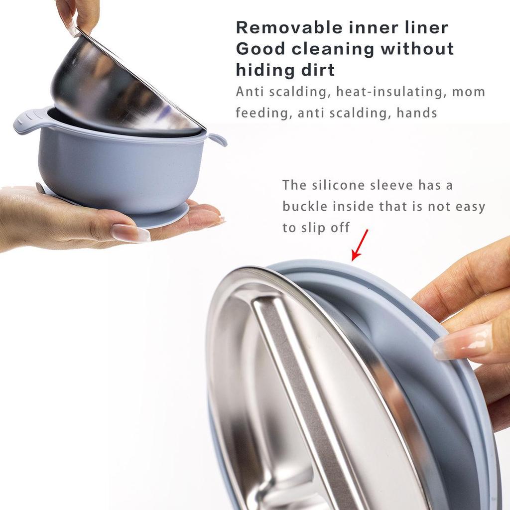 Stainless Steel Baby Bowl with Silicone Base - Infant Tableware Set with Plate