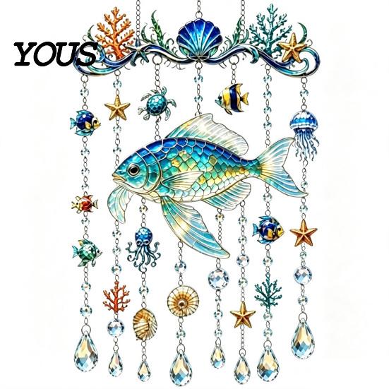 Ocean-Themed Wind Chime Decoration Decoration, Animal Hanging Sun Catcher with Faux Crystal Drops, Stained Glass Acrylic Ornament for Window