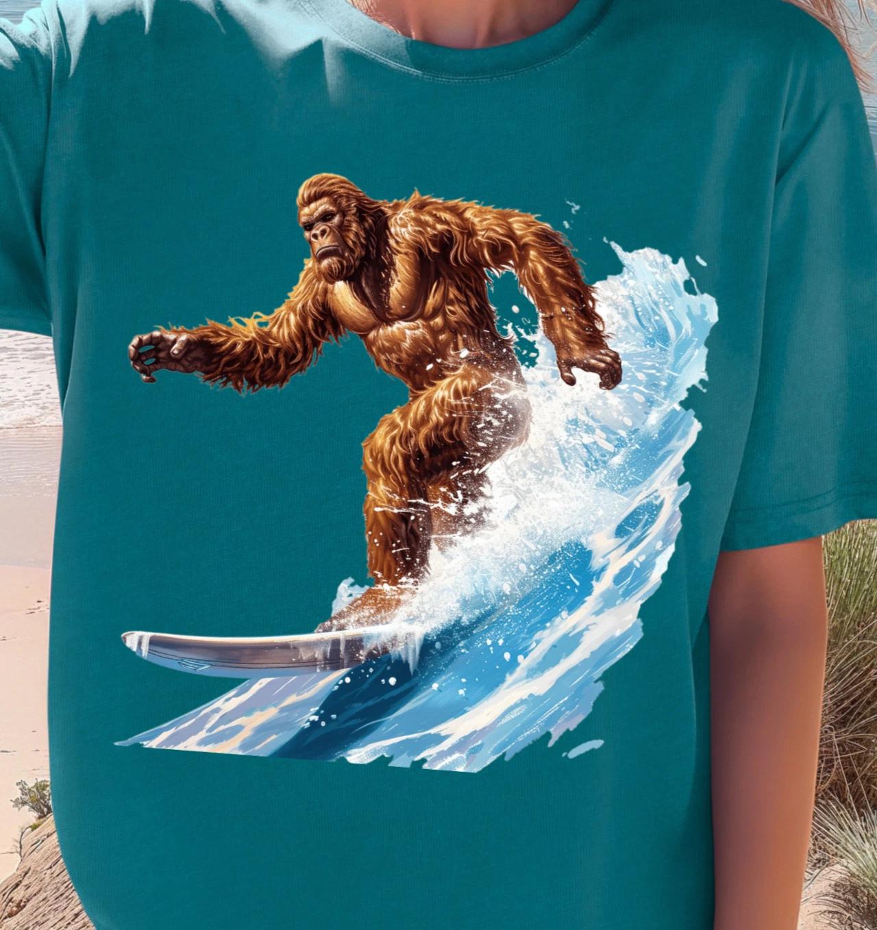 Surfing Bigfoot T-shirt | Sasquatch Wave Graphic Tee, Surfer Shirt, Surfwear XL