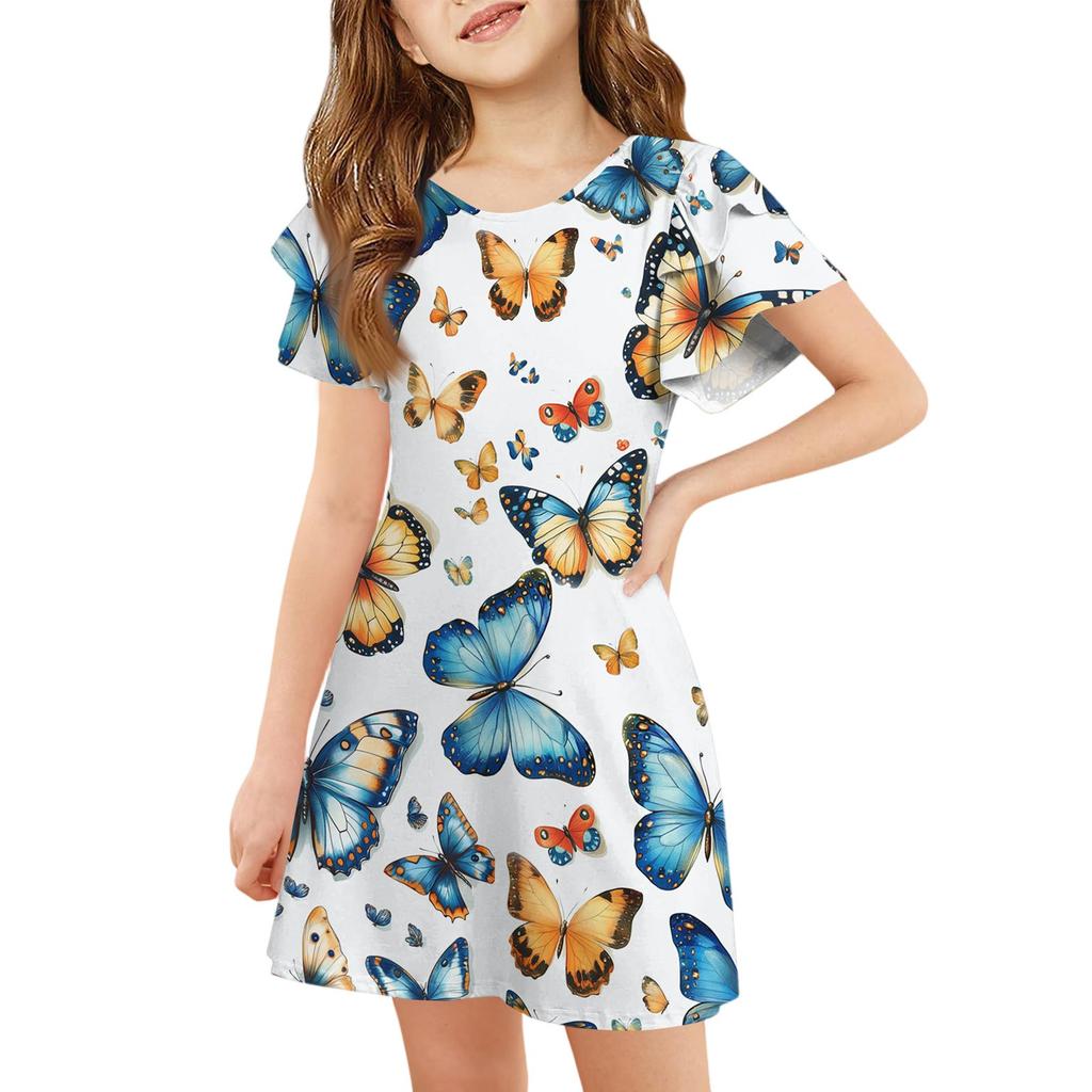 Girls' Ruffle Sleeve Dress - Round Neck Printed Sundress