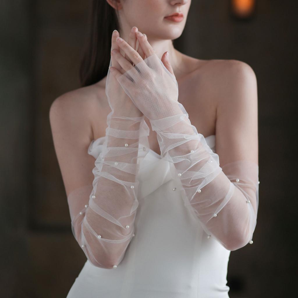Ruffled Glove Easy Elegant Arm Cover Pearls Long Sleeve Decorative Tulle for Wedding False Pearls Gloves Sheer