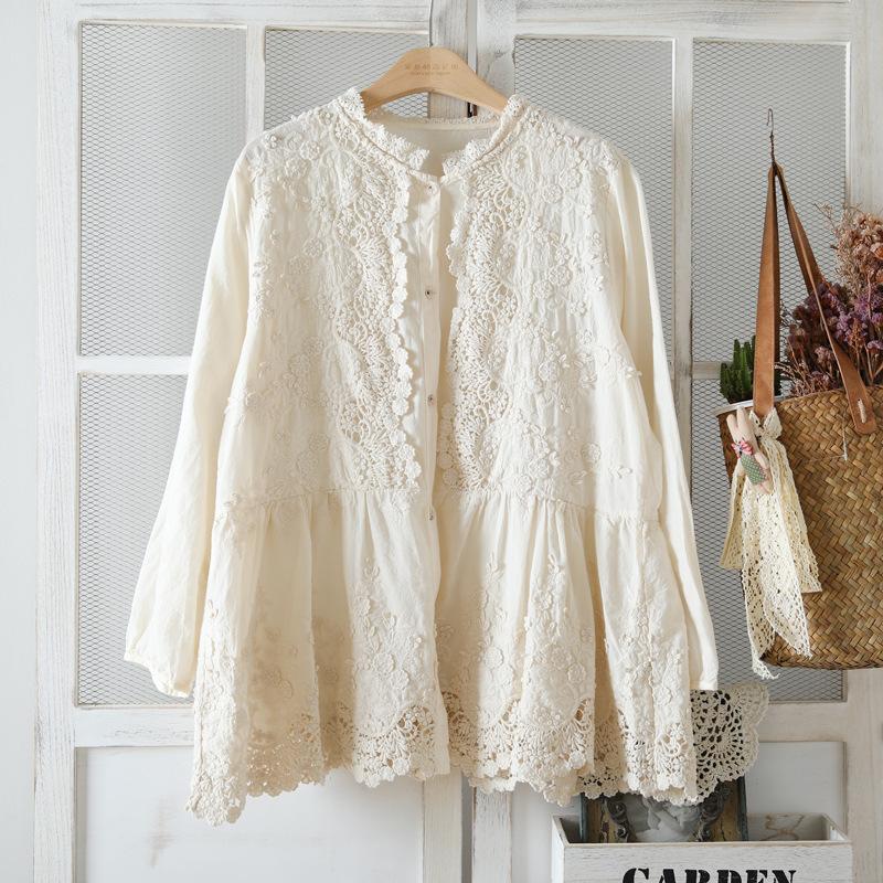 Japanese women's clothing sweet three-dimensional embroidered long-sleeved shirt women's Mori loose doll shirt lace literary top spring