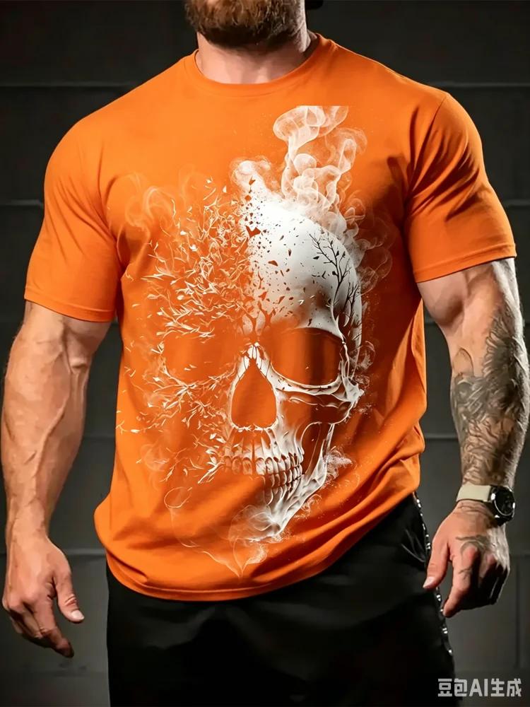 Street Style Koszulka z nadrukiem czaszki 3D Letnia Codzienna Spersonalizowana Hip Hop Okrągły dekolt Góra Męska Codzienna Moda Fitness Krótki rękaw Odzież męska