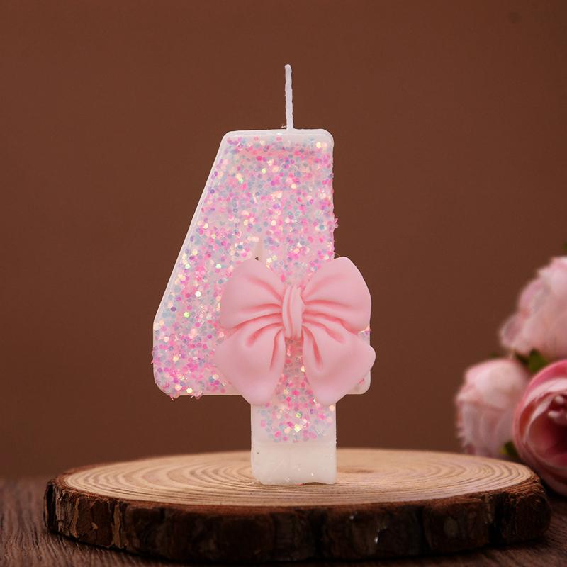 3D Number Cake Decorating Candles Cute Pink Bow Baby Girl Birthday Cake Topper Decoration Party Supplies 0-9 Digital Candle