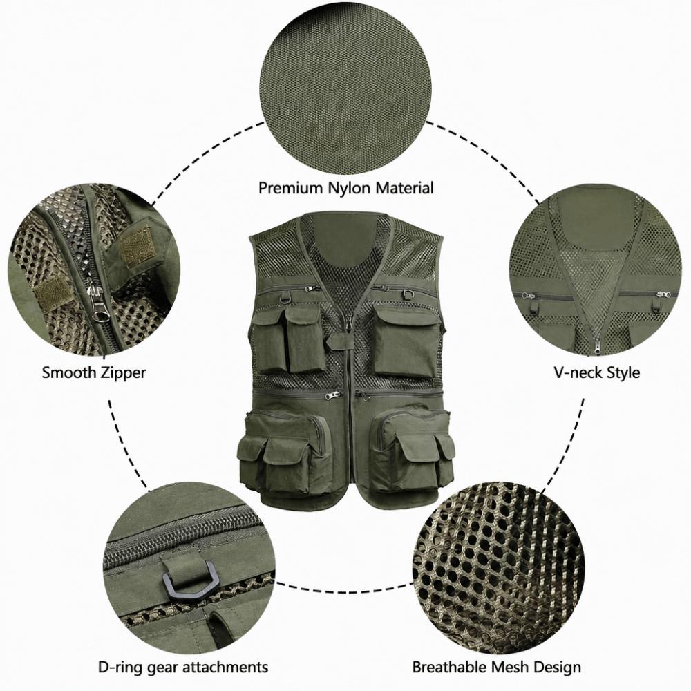 With 16 Pockets Fishing Vest Lightweight Outdoor Vest Durable Travel Vest  Safari