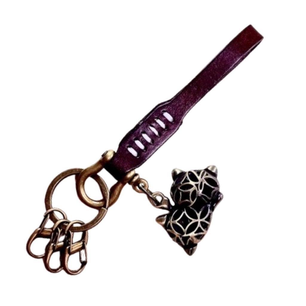 Cowshoo Leather Keychain Key Ring with S-Hooks, 3-Piece Set with Maneki-neko Charm, Lucky and Promising Design, Unisex, Toro Design, Perfect Gift,