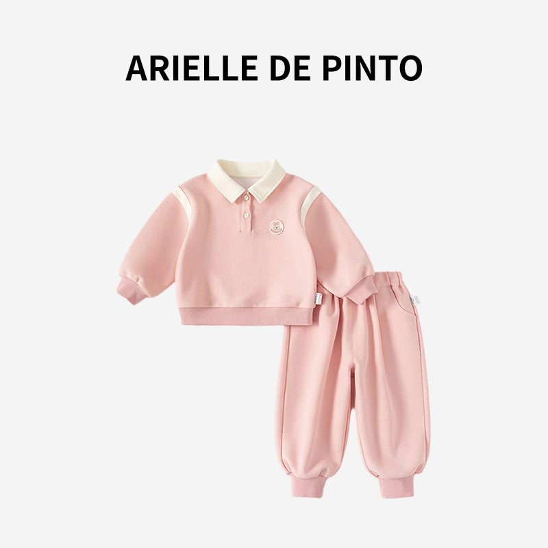 French Arielle De Pinto Girls  Outfit, New Autumn Style, Sweet Sports Cartoon Sweatshirt Two-Piece Set Pink 140