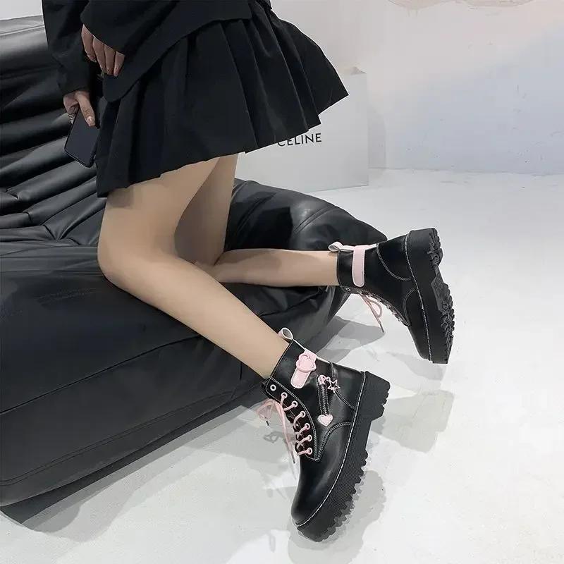 Booties Lace-up Female Short Shoes Elegant With Medium Heels Round Toe Laces Women's Ankle Boots Trend 2024 High Quality Hot Pu