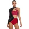 S-XXL Womens Gymnastics Leotard Bodysuit Rhinestone Color Blocking Asymmetrical Hollow Out Jumpsuit Figure Skating Tango Dancewear