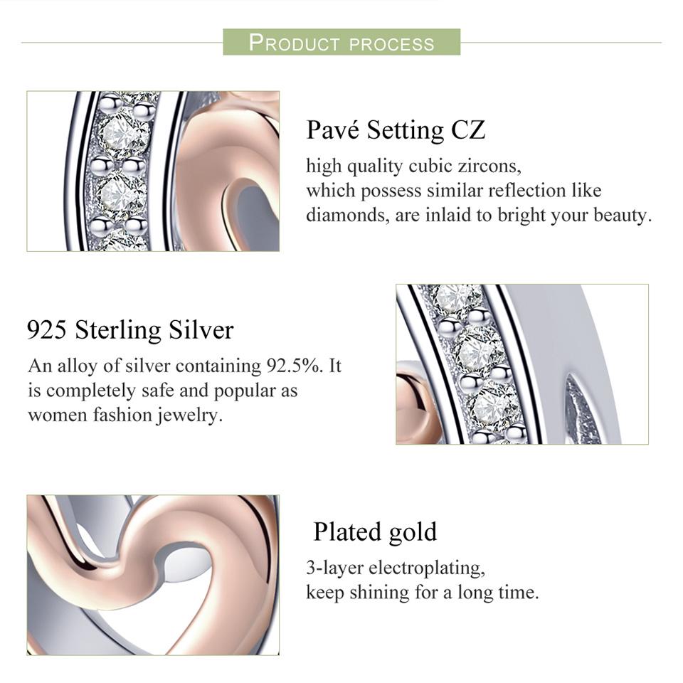 Bamoer Love Heart 925 stříbrná podkova Srdce Love Clear CZ korálky Charms Fit náramky