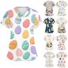Women's Fashionable V-neck Short-sleeved Work Top With Double Side Slits And Pockets, Featuring Easter Bunny And Egg Prints.