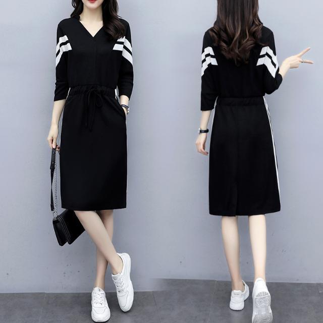

Spring and summer new women s clothing Korean version of medium and long loose waist and thin fashion large size knee dress M чёрный