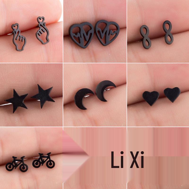 Korean Black Star & Moon Heartbeat Gesture Stainless Steel Earrings