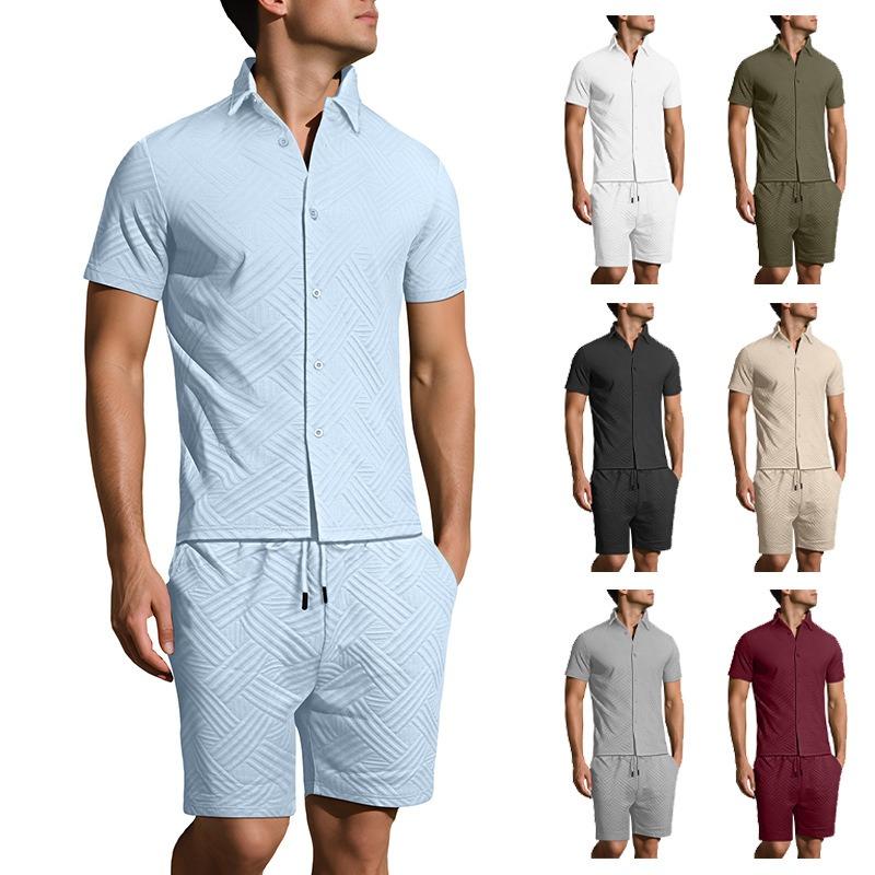 Summer hot sale new men's solid color jacquard shirt casual short-sleeved shorts two-piece set