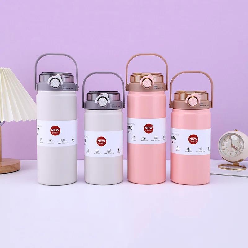 Thermische Wasserflasche aus Edelstahl Thermoskannen Vakuumflasche mit Strohhalm Becher Tragbare Kalt-Heißgetränke Thermosbecher Fitnessstudio 1L/1.2L