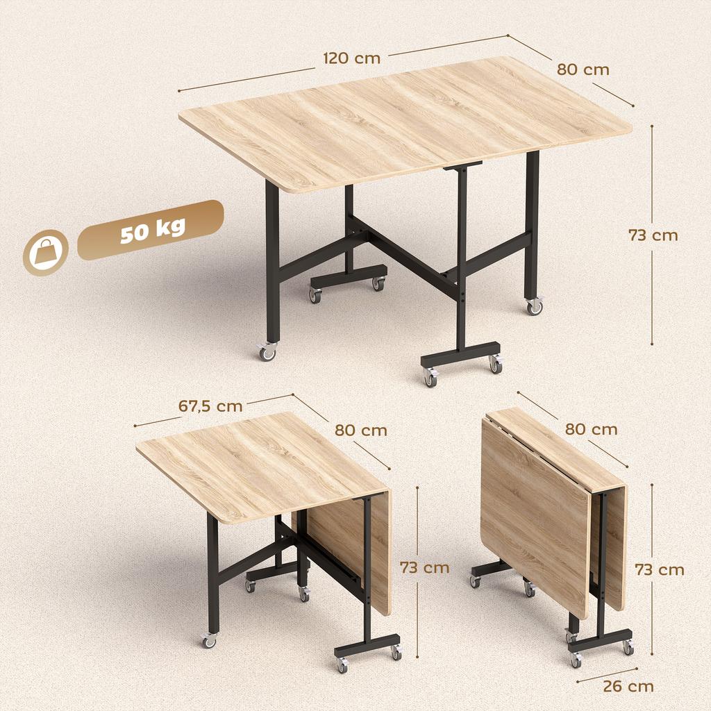 Tavolo Pieghevole da Mobile con 6 Ruote e Freni, Tavolo da Cucina/Pranzo Pieghevole per Piccoli Spazi, Rovere