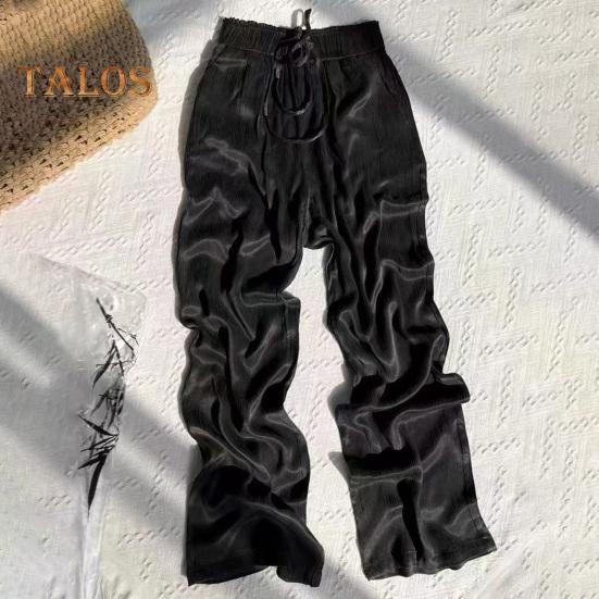 Women Casual Pants Elastic Waist Adjustable Drawstring Straight Wide Leg Trousers with Pockets Solid Color Loose Fit Long Pants