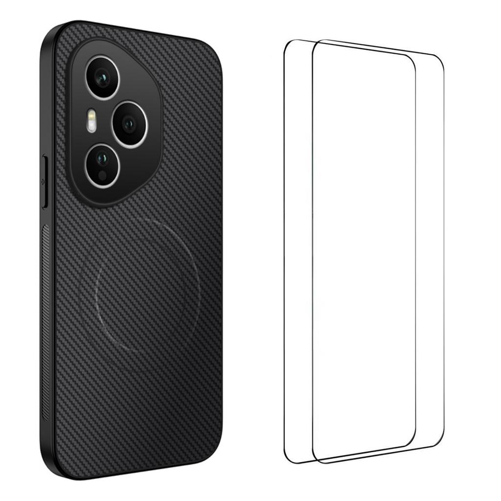 For Honor 400 Pro 5G (Global) Magnetic Case WANLONFENG TQ1 Series Carbon Fiber Texture PC TPU Phone Cover with 2Pcs Screen Films