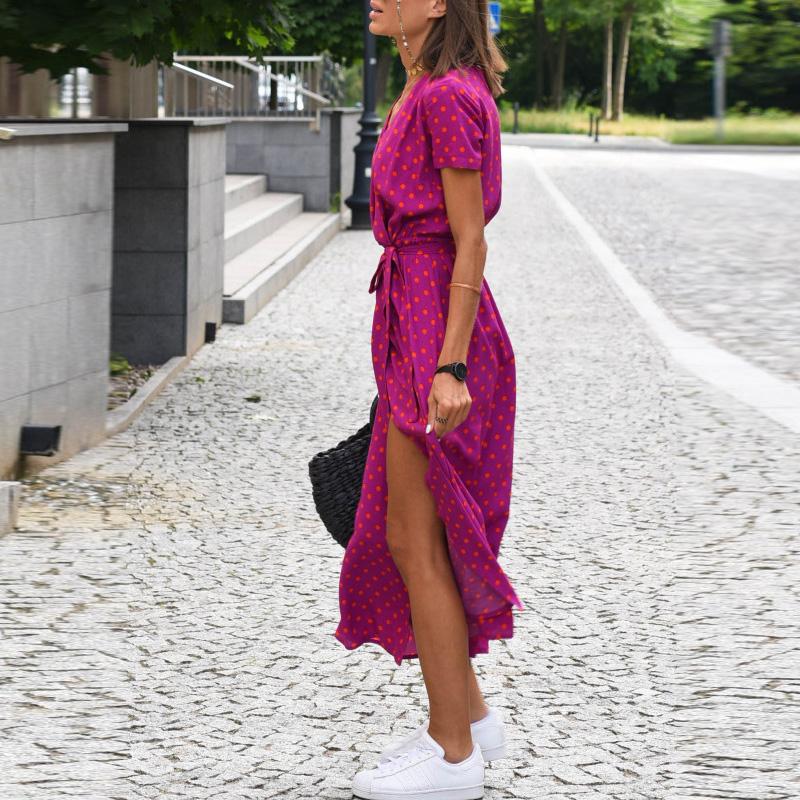 Letní květinový potisk Dlouhé šaty Dámské Sexy Šaty se šněrováním s výstřihem do V Dámské Ležérní Elegantní Plážové šaty s krátkým rukávem Vestidos