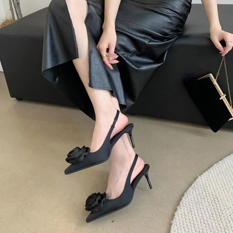 Fashion Sexy Silk Slingback Pointed Toe Women Pumps Fashion Design Flowers Thin Heels Banquet Prom Shoes