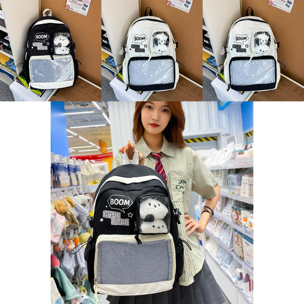 Classroom Backpack Lightweight Nylon With Letter Print And Transparent Layer Design For Teen Use