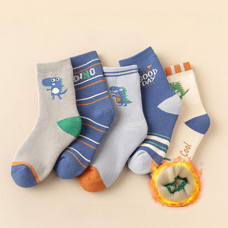 5Pairs Children Winter Ultra Thick Terry Socks Less Restrained On Legs Decked Out Athletic Socks White Dinosaur  1-16Years