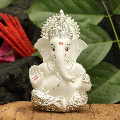 Idolo di Ganesha Placcato Argento Ganesh per Cruscotto Auto Statua Figurine Ganpati Fortuna & Successo Regali Diwali Decorazione Casa (A te: 3,5 x 2 pollici)