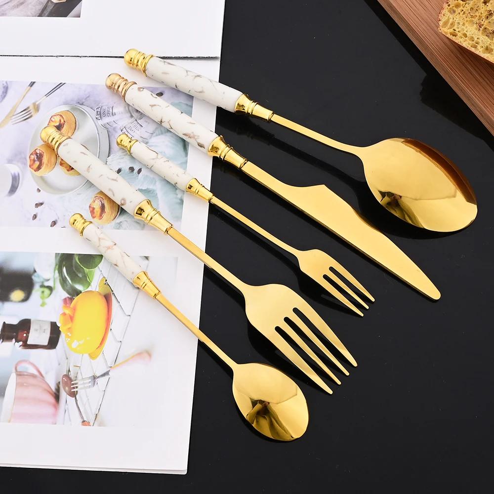 30Pcs Creative Imitation Ceramics Handle Dinnerware Set White Gold Cutlery Stainless Steel Tableware Knives Forks Spoon Flatware