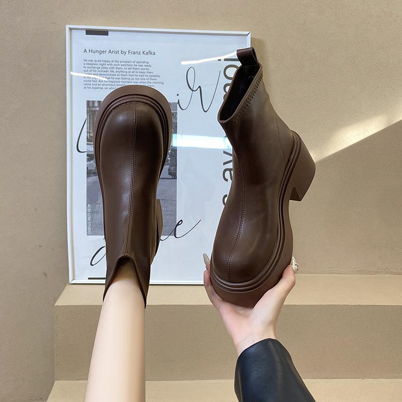 

Ботильоны на толстой подошве на высоком толстом каблуке детские 2025 новые осенне-зимние черные тонкие ботинки Челси ботинки Мартин одинарные ботинки 40 коричневый