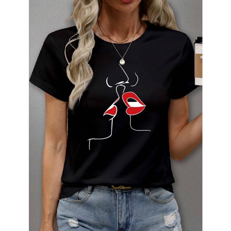 Summer Round Neck 3D Facial Depiction Pattern Print Top Fashionable Casual Short Sleeved Women's T-shirts