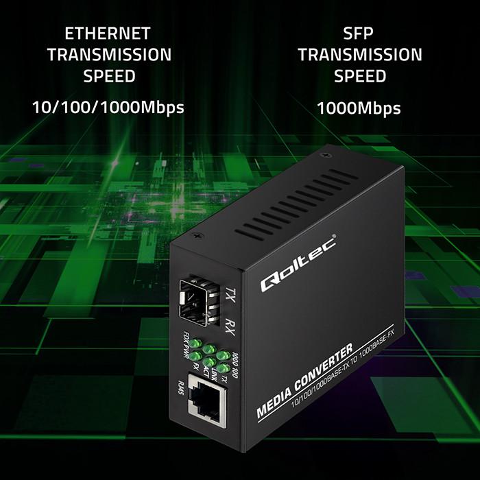 Qoltec Dwukierunkowy Media Konwerter SWITCH Ethernet 1x RJ45 1x SFP| 1000Mb/s | 5V