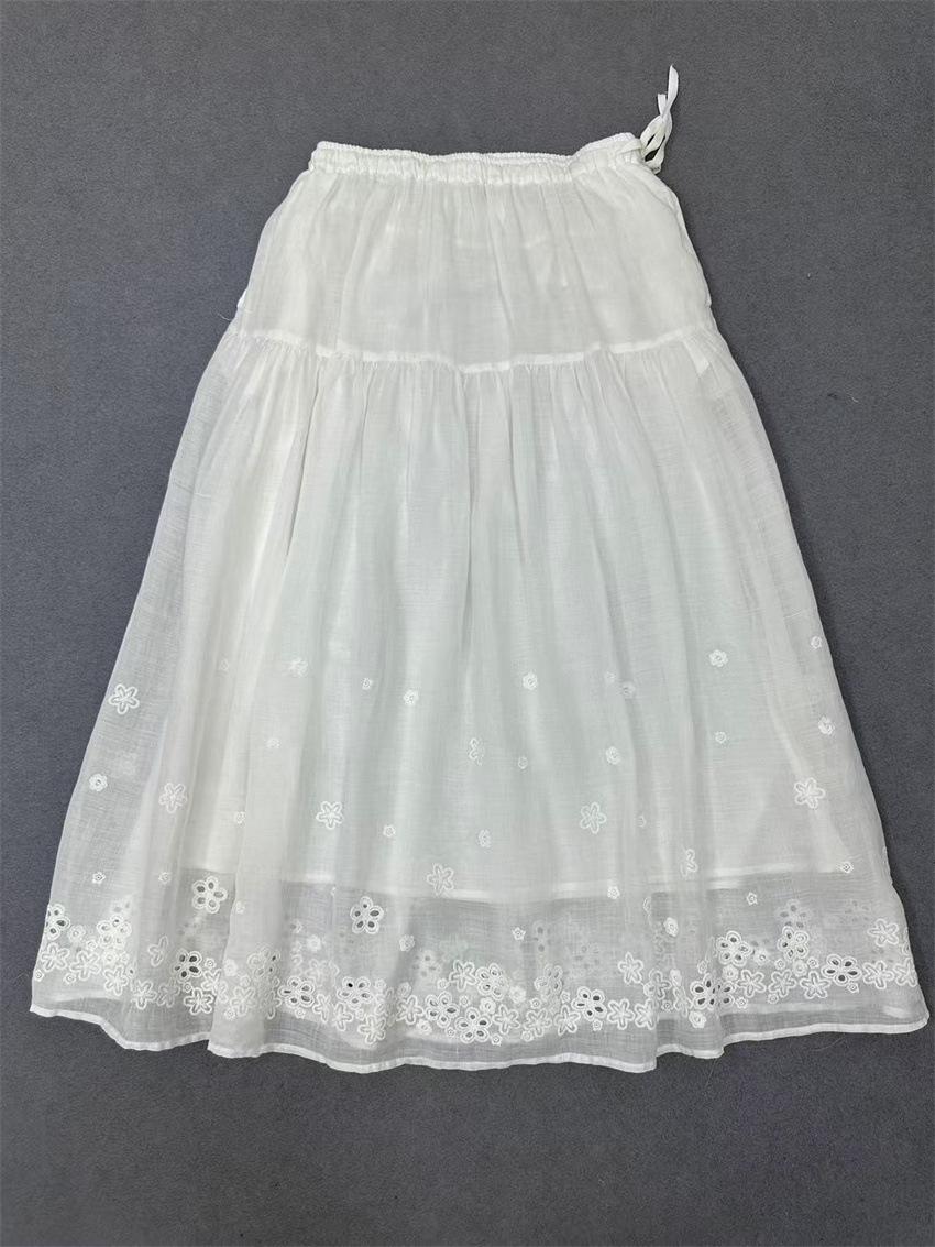 

Johnature Summer French Embroidery Three-dimensional Flower Skirt Women Vintage Ramie Elastic Waist Skirts One Size белый