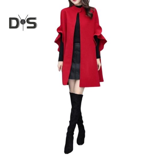 

Женское зимнее пальто с рукавами-лепестками, воротником-стойкой, накидкой-трапецией, кардиганом средней длины с открытыми стежкам, шерстяным пальто для улицы, пончо XXL красный